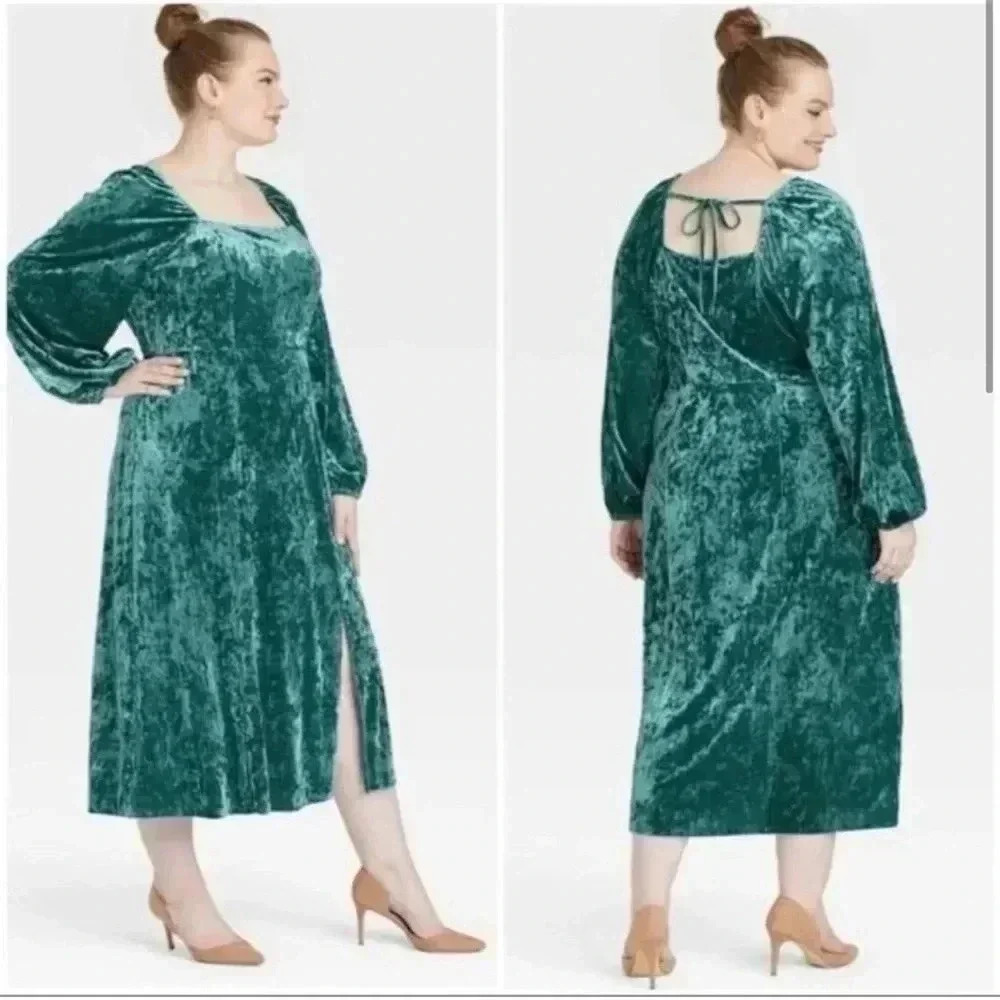 Ava & Viv Women's Velvet Long Sleeve Front Slit Dress Plus Size Square‎ Neck